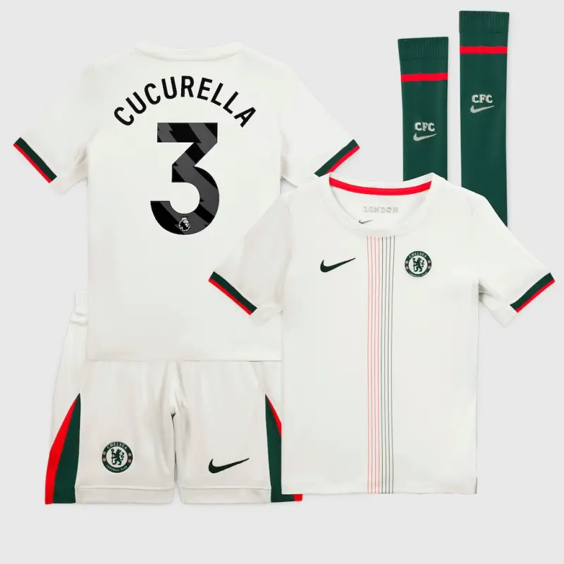 Chelsea chelsea nike away stadium minikit 2025-26 – kleine jugendliche mit cucurella 3-aufdruck Trikot - Exklusive Chelsea Fußballbekleidung