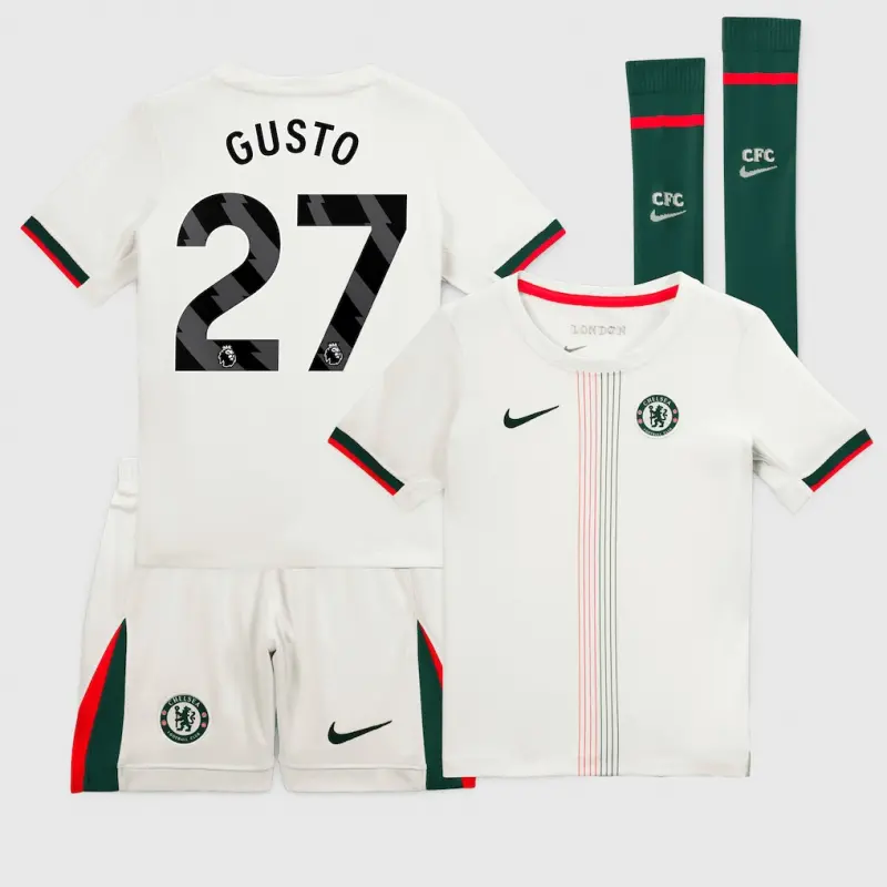 Chelsea chelsea nike away stadium minikit 2025-26 – kleine jugendliche mit gusto 27-aufdruck Trikot - Exklusive Chelsea Fußballbekleidung