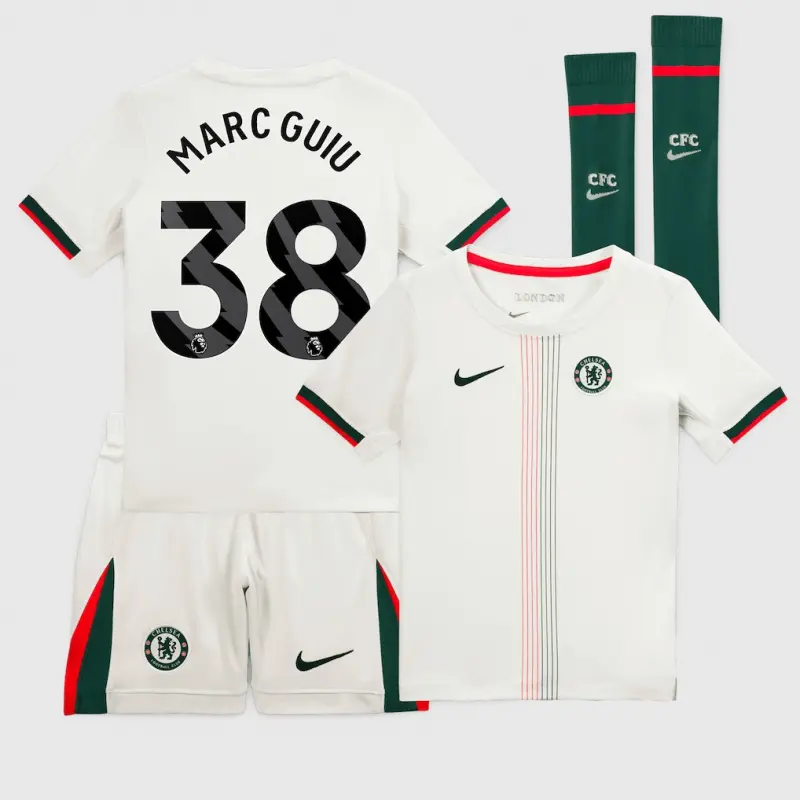 Chelsea chelsea nike away stadium minikit 2025-26 – kleine jugendliche mit marc guiu 38-aufdruck Trikot - Exklusive Chelsea Fußballbekleidung