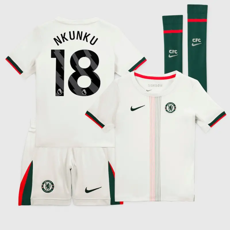 Chelsea chelsea nike away stadium minikit 2025-26 – kleine jugendliche mit nkunku 18-aufdruck Trikot - Exklusive Chelsea Fußballbekleidung